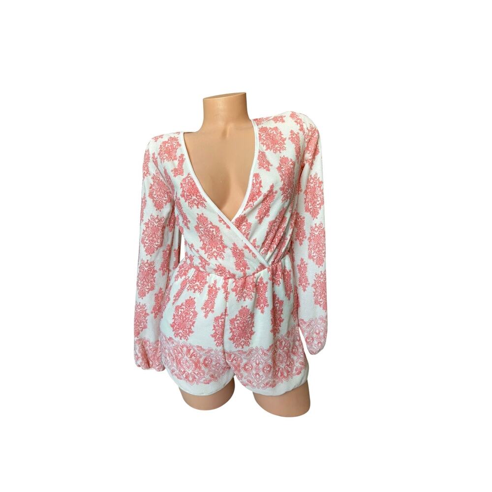 Gracie Boho jumpsuit Pink White Paisley Long Sleeve Deep V-Neck Romper - Small